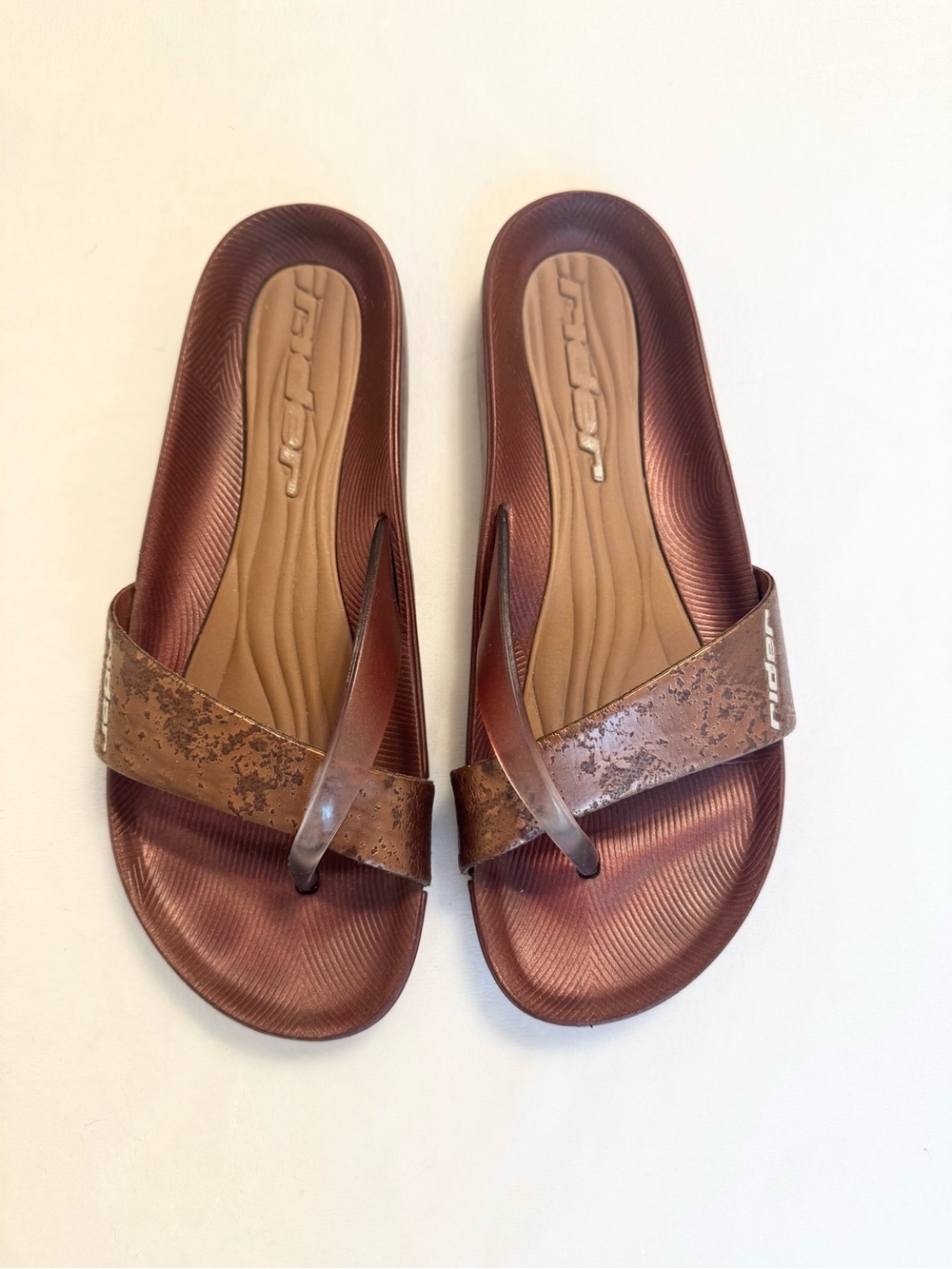 Rider Metallic Bronze Asymmetric Cross-Strap Women’s Slide